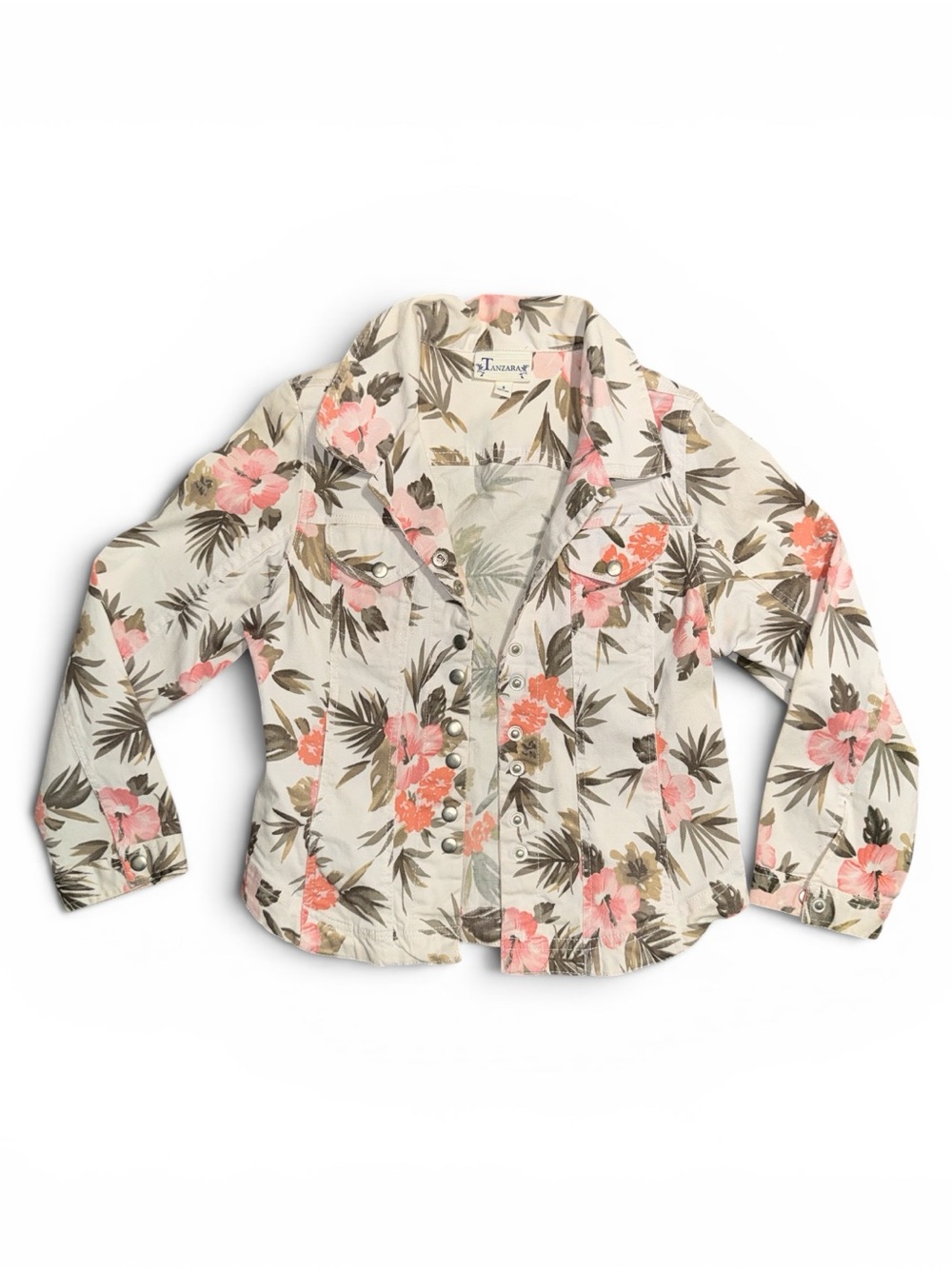 Tanzara Cream Floral Button-Front Floral Palm Leaves Jacket Small